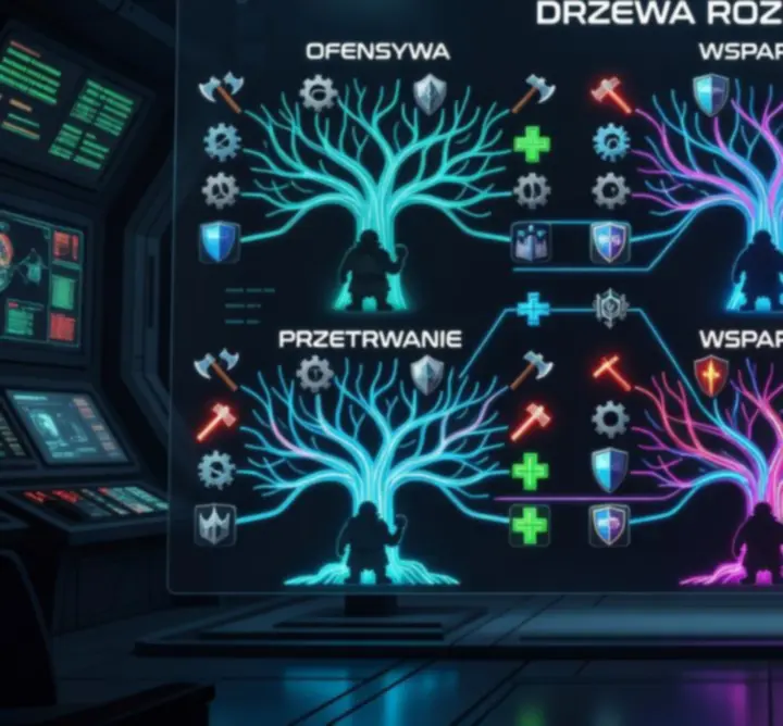Schemat futurystycznego drzewka ulepszeń klas kosmicznych krasnoludów