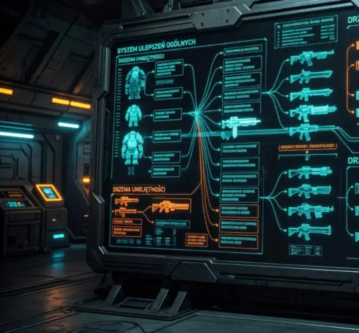 Panel holograficzny z przeglądem systemu ulepszeń kosmicznego krasnoluda w mrocznej kopalni